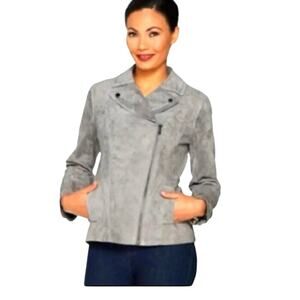 Isaac Mizrahi Gray Suede Leather Moto Style Jacket Size 14 New Floral Lining